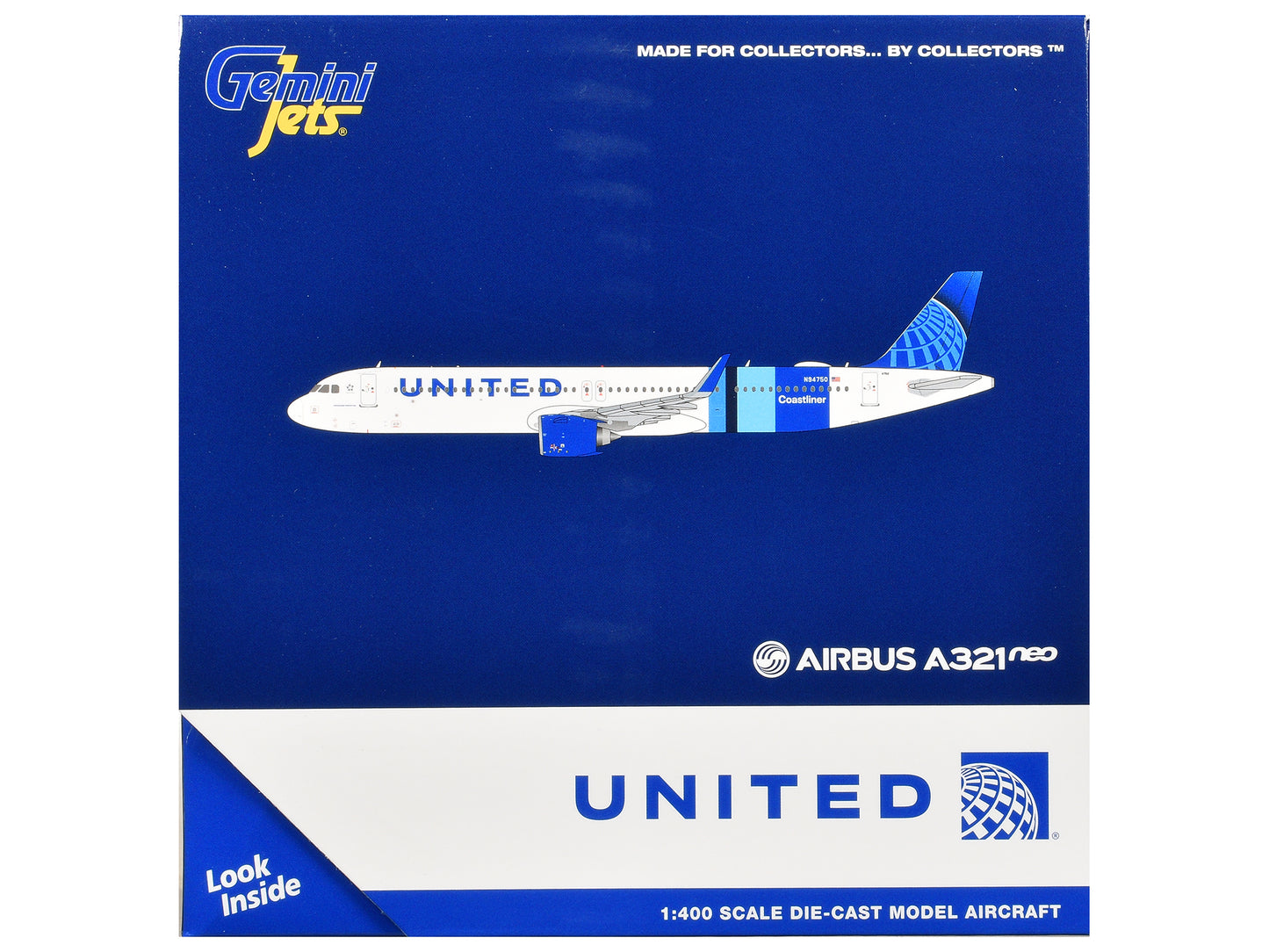 Airbus A321neo Commercial Aircraft "United Airlines Coastliner" (N94750) White with Blue Stripes and Tail 1/400 Diecast Model Airplane by GeminiJets