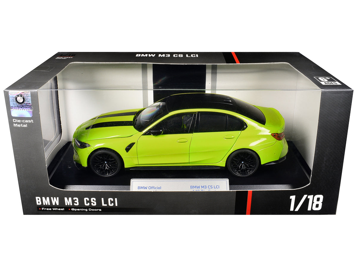 BMW M3 CS LCI Lime Green Metallic with Matt Black Top and Hood Stripes 1/18 Diecast Model Car by Heimanba
