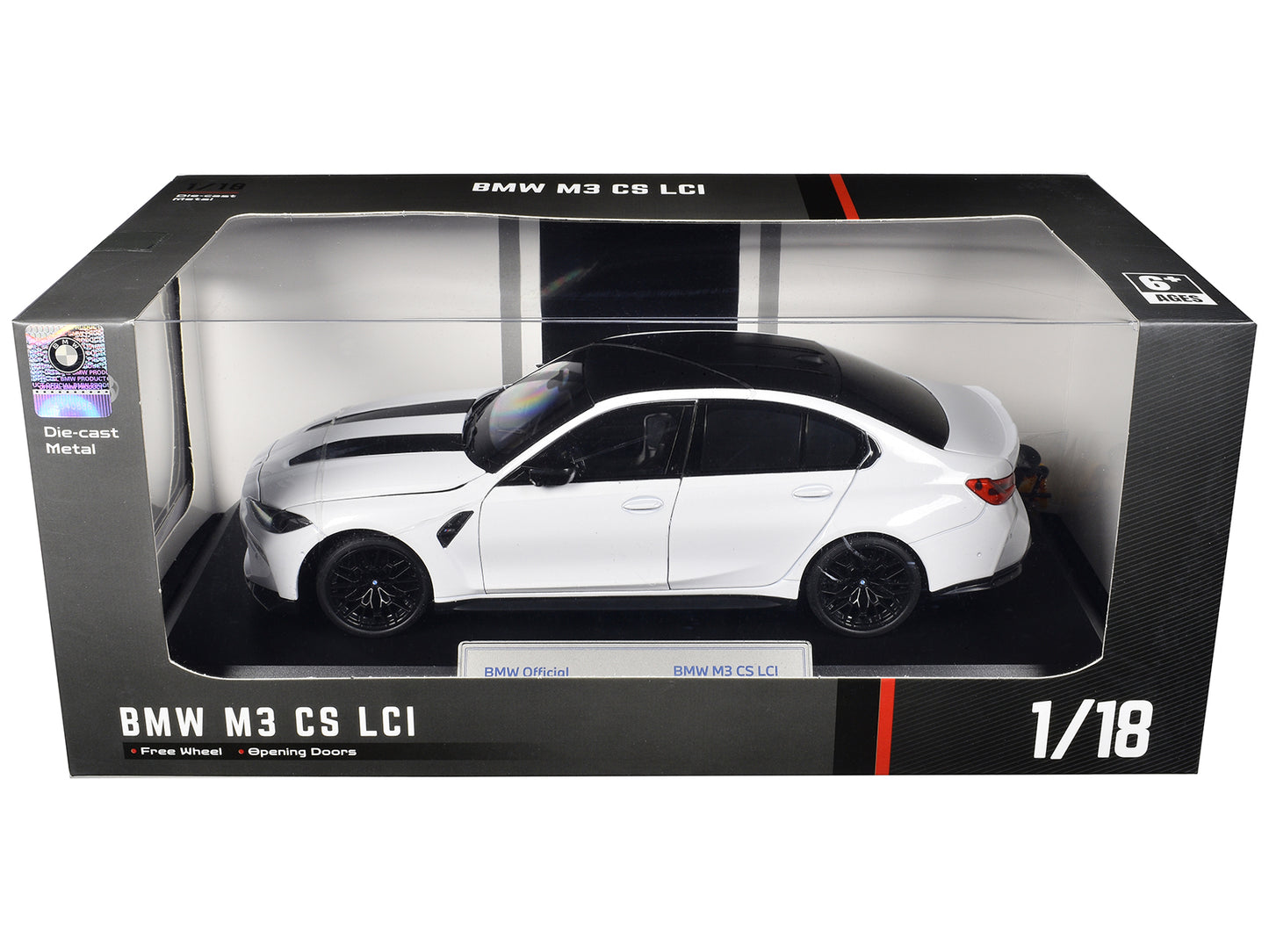 BMW M3 CS LCI White Metallic with Matt Black Top and Hood Stripes 1/18 T&y Diecast Model Car by Heimanba