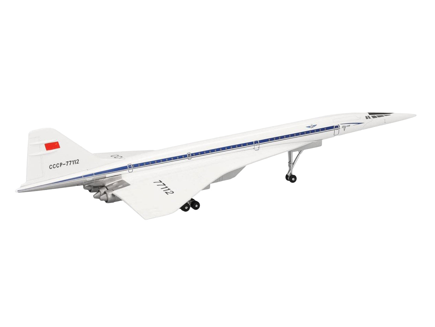 Tupolev Tu-144D Commercial Aircraft "Aeroflt - Technik Museum Sinsheim" (CCCP-77112) White with Blue Stripes 1/400 Diecast Model Airplane by Herpa