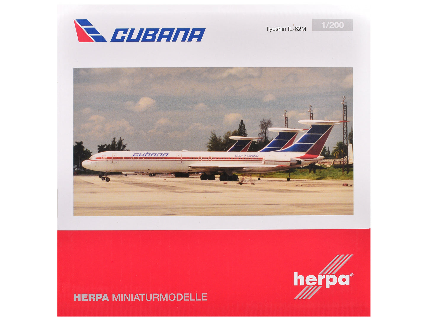 Ilyushin IL-62M Commercial Aircraft "Cubana de Aviacion" (T1280) White with Blue and Red Tail 1/200 Diecast Model Airplane by Herpa <h2>Ilyushin Herpa</h2> <p>High-quality car perfect for collectors e