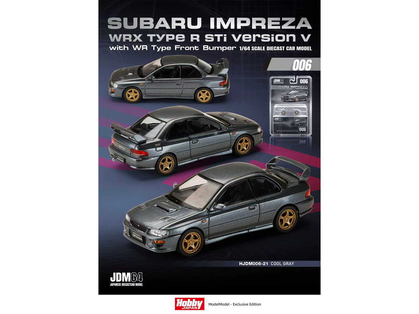Subaru Impreza WRX Type R Sti Version V RHD (Right Hand Drive) Cool Gray Metallic "JDM64" Series 1/64 T&y Diecast Model Car by Hobby Japan
