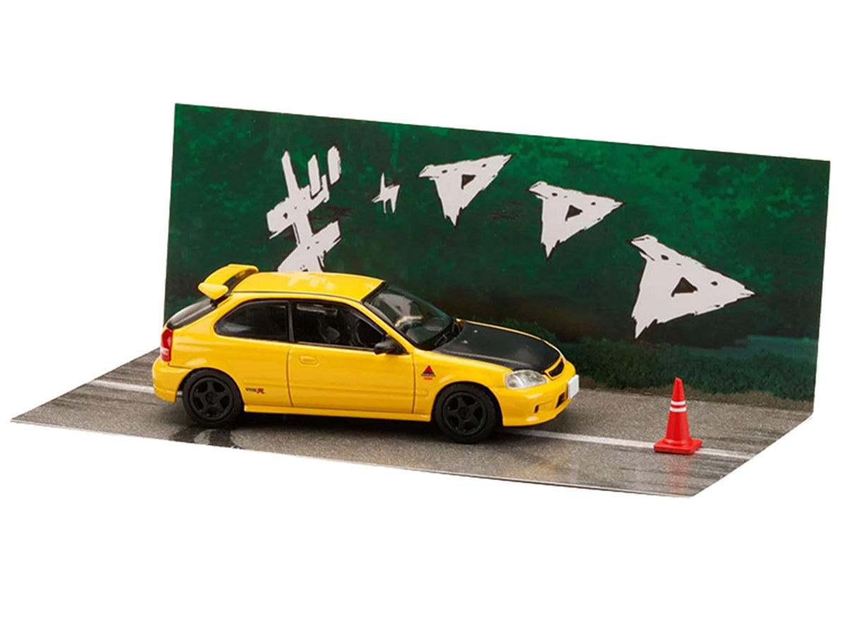 Honda Civic RHD Yellow with Carbon Hood Initial D Manga Diorama Set 1/64 Diecast