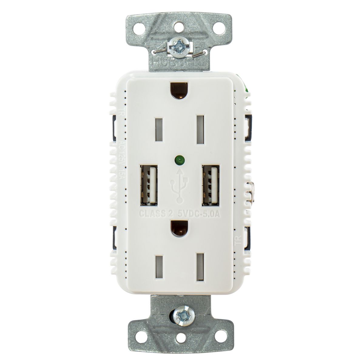 Hubbell USB15A5W White Outlet Dual 15 Amp 125v Wtron 2-Pole and Dual 5 Amp 5v USB Ports