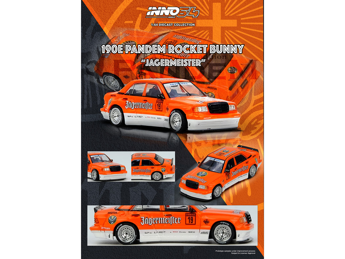 Pandem Rocket Bunny 190E #19 "Jagermeister" Orange and White 1/64 Diecast Model Car by Inno Models