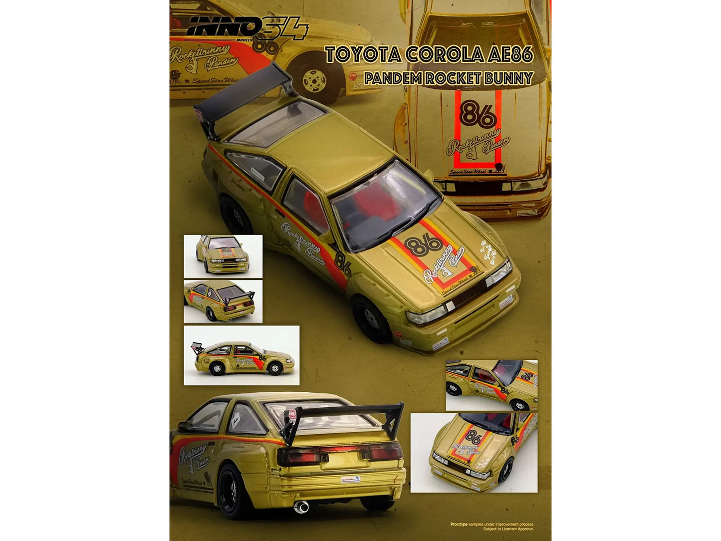 T&yota Levin (AE86) RHD (Right Hand Drive) #86 "Pandem Rocket Bunny" Gold Metallic with Stripes 1/64 T&y Diecast Model Car by Inno Models