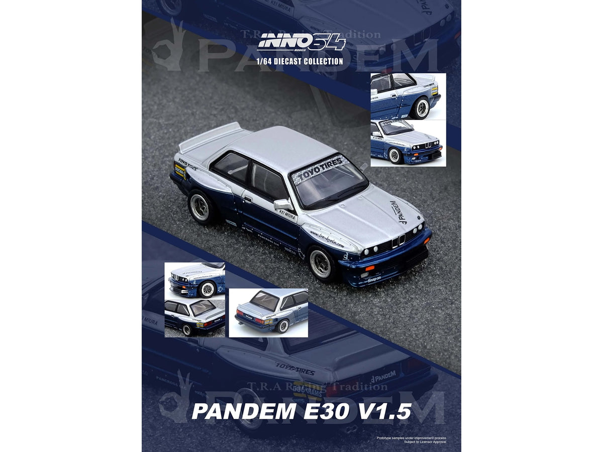 Pandem E30 M3 Silver Metallic and Dark Blue 1/64 Diecast Model Car by Inno Models