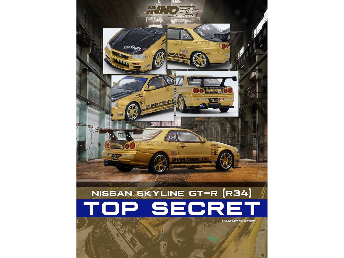 Nissan Skyline GT-R (R34) RHD (Right Hand Drive) "Top Secret" Gold Metallic with Carbon Hood and Trunk 1/64 Diecast Model Car by Inno Models
