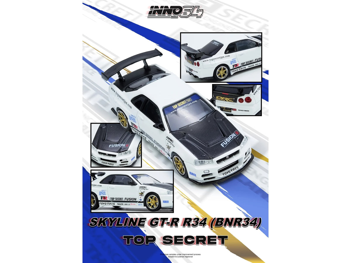 Nissan Skyline GT-R (R34) "Top Secret" RHD (Right Hand Drive) White with Carbon Hood 1/64 Diecast Model Car by Inno Models