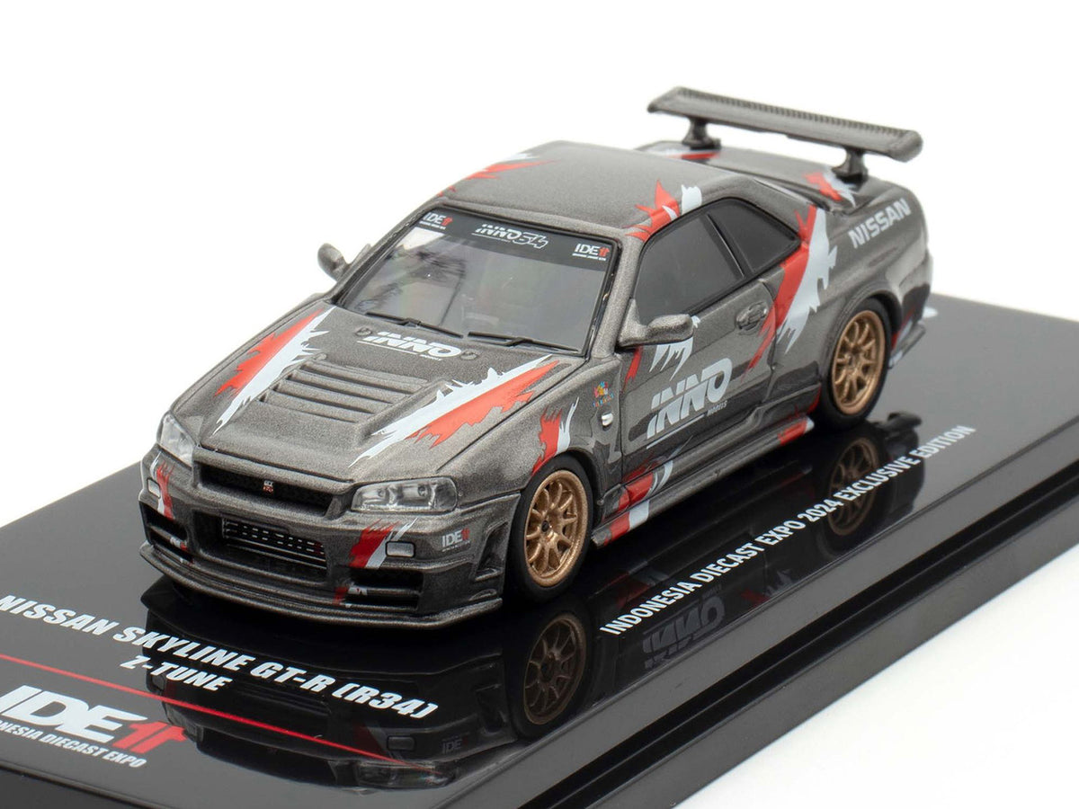 Nissan Skyline GT-R (R34) Z-Tune RHD (Right Hand Drive) Gray Metallic with Graphics "Indonesia Diecast Expo 2024 Exclusive Edition" 1/64 Diecast Model Car by Inno Models