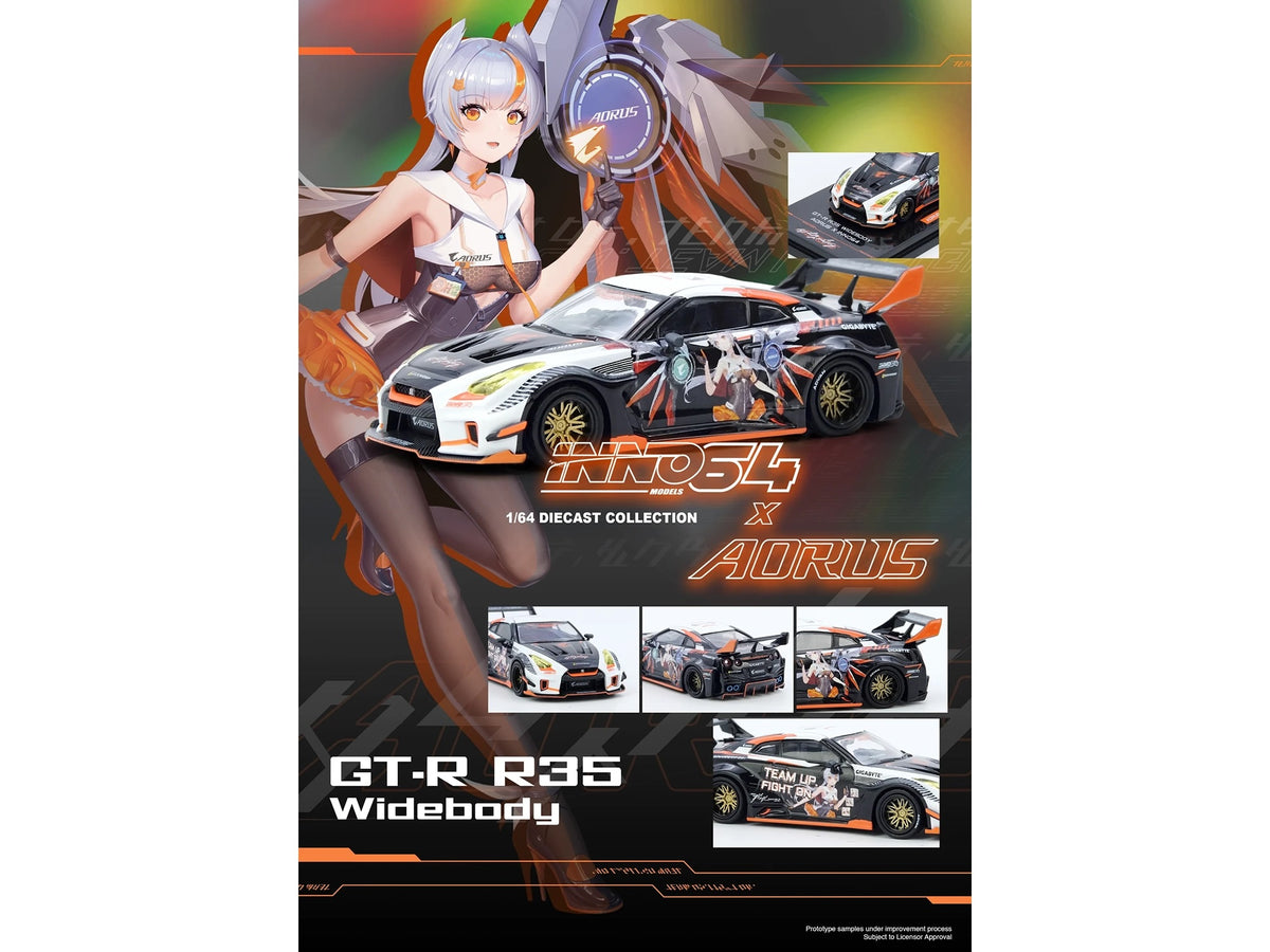 Nissan GT-R (R35) Widebody RHD (Right Hand Drive) Black and White with Graphics "AORUS X INNO64 Limited Edition" 1/64 Diecast Model Car by Inno Models