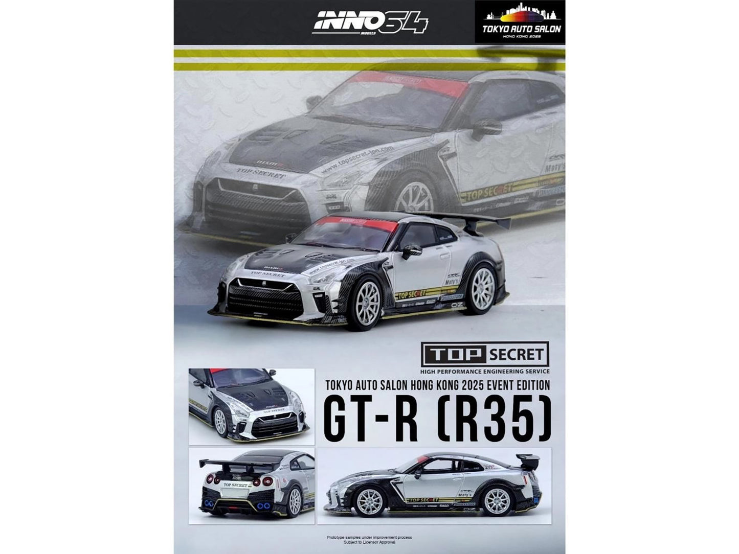 Nissan GT-R (R35) Top Secret RHD (Right Hand Drive) Silver Metallic with Carbon Hood and Top "Tokyo Auto Salon Hong Kong 2025 Event Edition" 1/64 Diecast Model Car by Inno Models