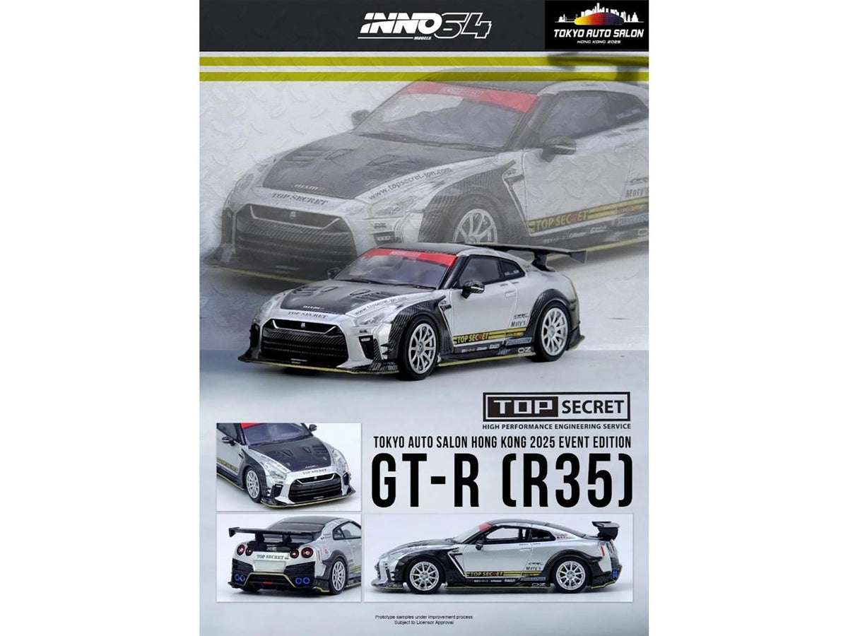 Nissan GT-R (R35) Top Secret RHD (Right Hand Drive) Silver Metallic with Carbon Hood and Top "Tokyo Auto Salon Hong Kong 2025 Event Edition" 1/64 Diecast Model Car by Inno Models