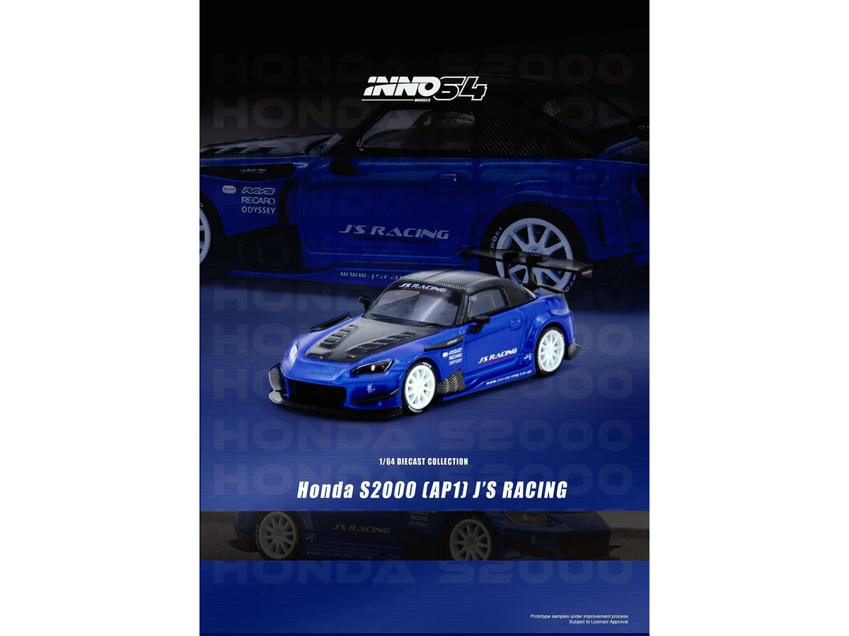 Honda S2000 RHD (Right Hand Drive) "J's Racing" Blue Metallic with Carbon Hood and Top 1/64 Diecast Model Car by Inno Models