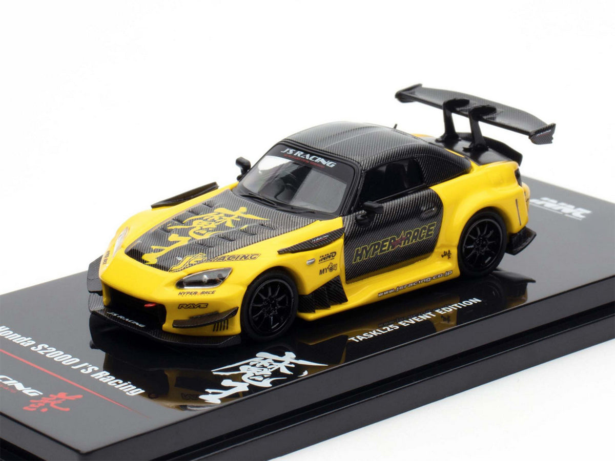 Honda S2000 RHD (Right Hand Drive) "J's Racing" Yellow with Carbon Hood and Top with Graphics "Tokyo Auto Salon Kuala Lumpur 2025 Event Edition" 1/64 Diecast Model Car by Inno Models
