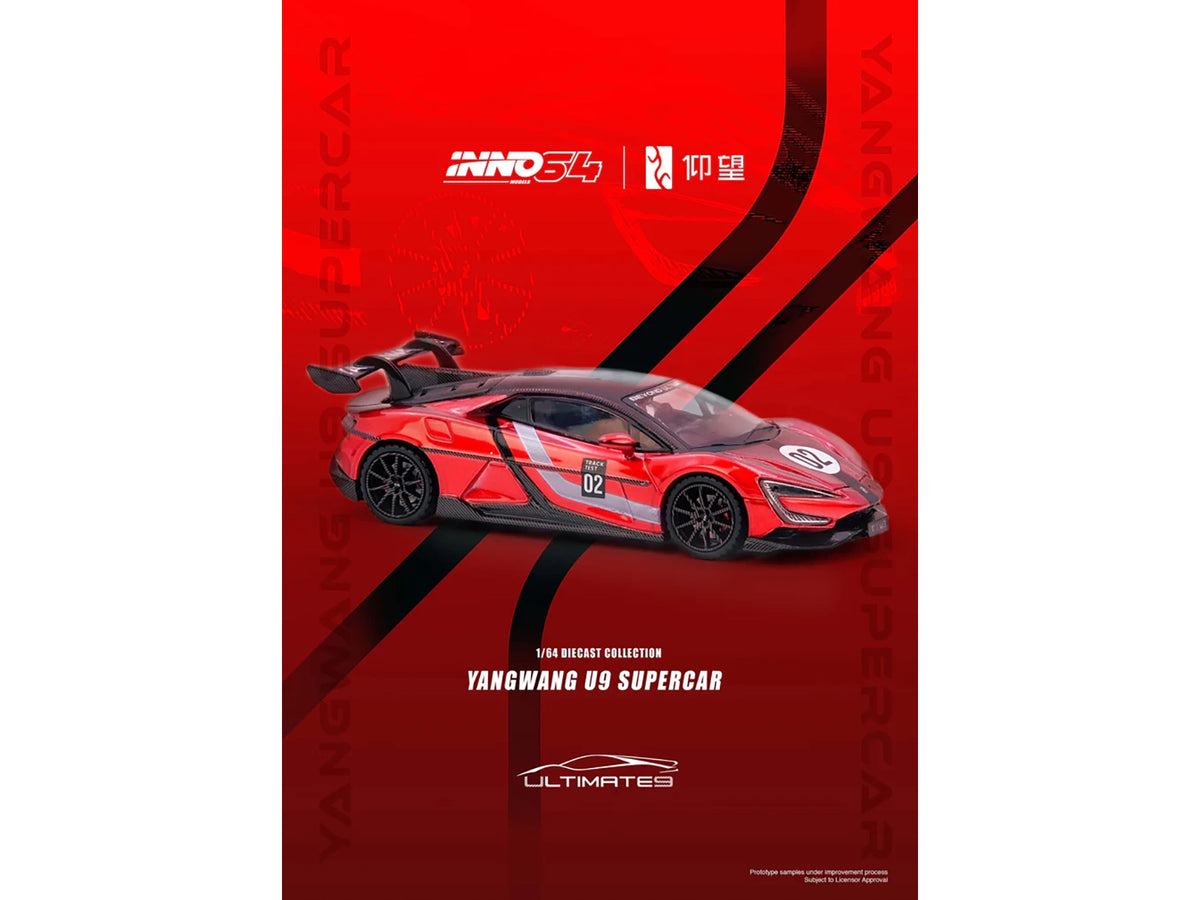 2025 Yangwang U9 Xtreme Test Car #02 Red Metallic with White Stripes and Carbon Top "World Fastest EV Supercar" 1/64 Diecast Model Car by Inno Models