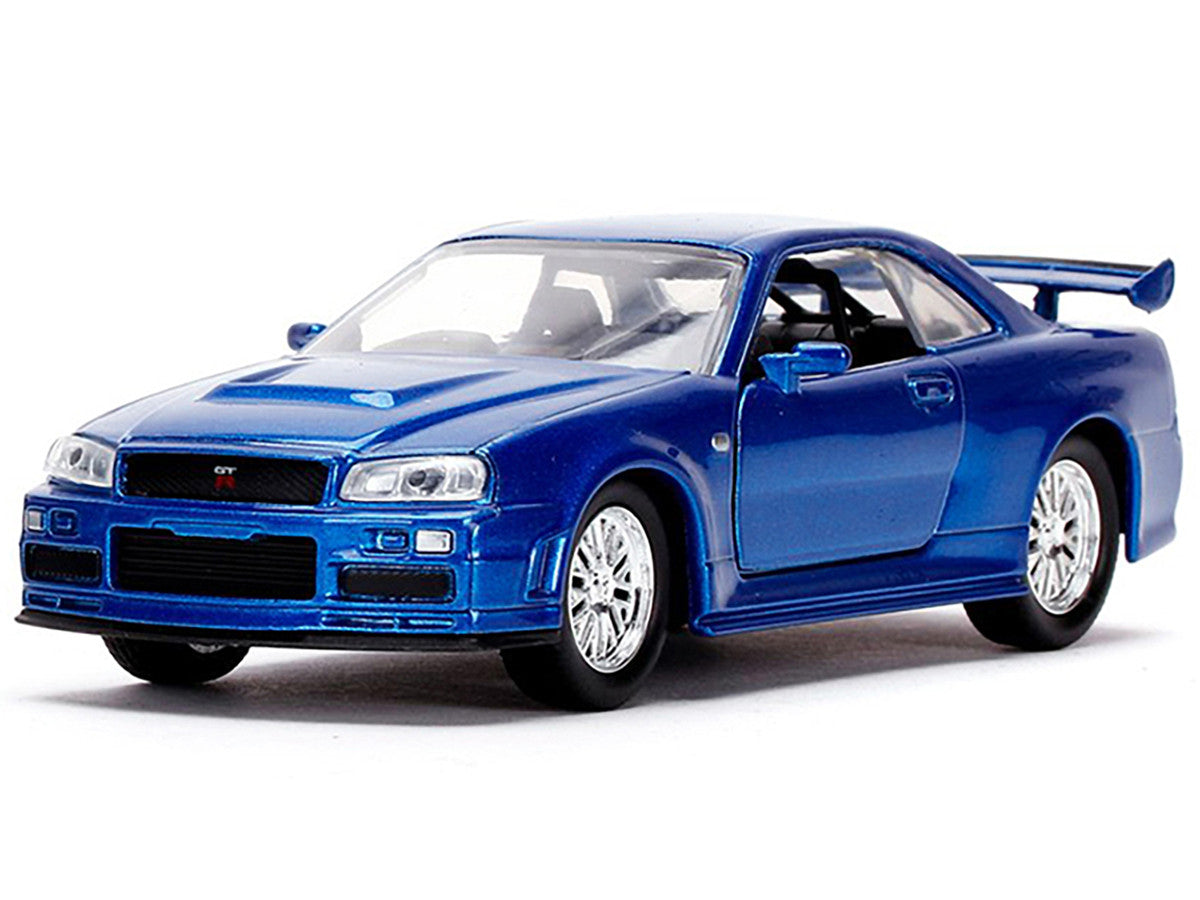 Brian's Nissan Skyline GT-R (BNR34) Silver with Blue Stripes and Nissan GT-R (BNR34) Blue Metallic Set of 2 pieces "25 Years of Fast & Furious" Series 1/32 Diecast Model Cars by Jada