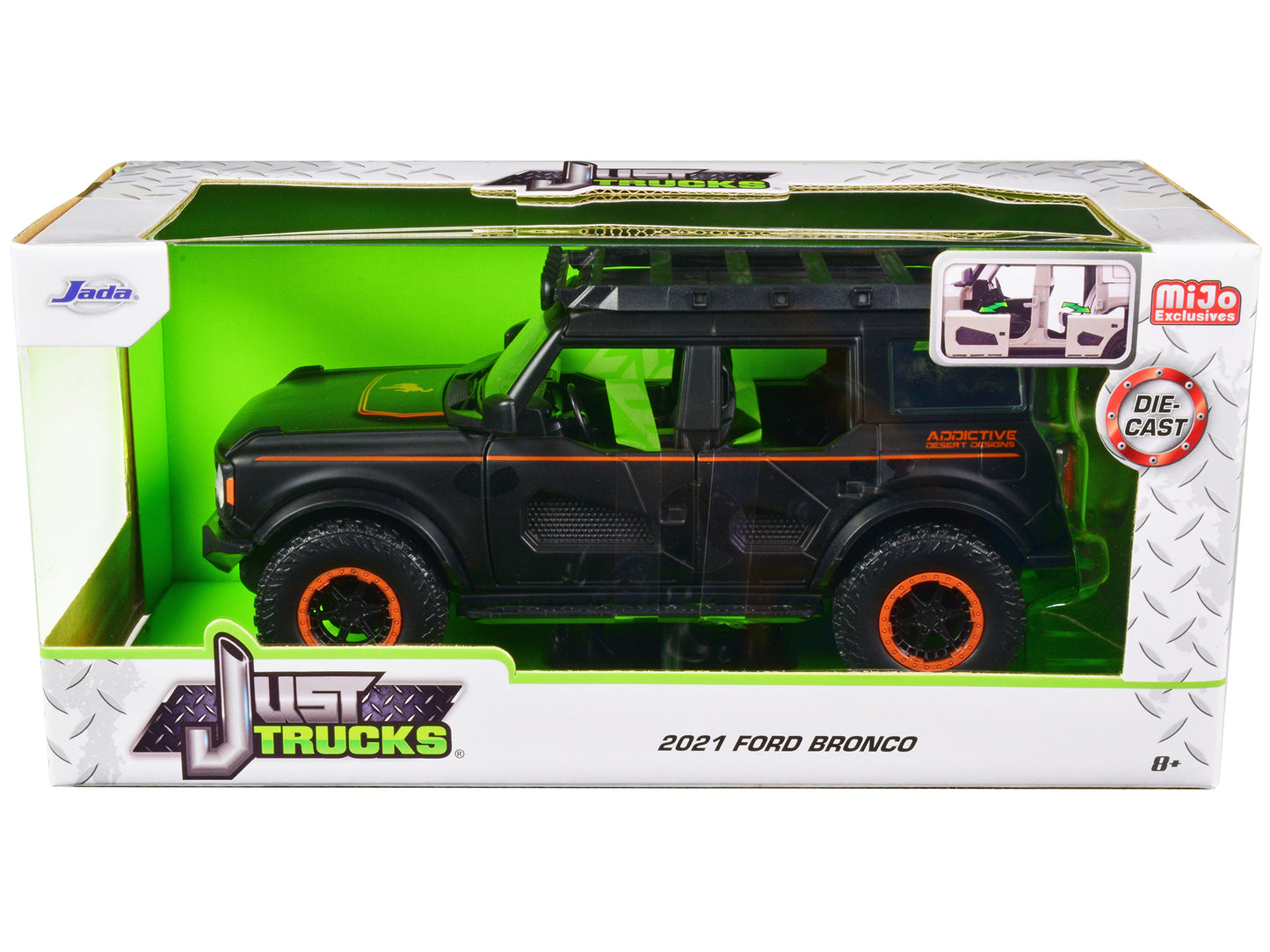 2021 Ford Bronco Matt Black with Orange Stripes and Roof Rack "Addictive Desert Designs" "Just Trucks" Series 1/24 Diecast Model Car by Jada <h2>2021 Jada</h2> <p>High-quality perfect for collectors e