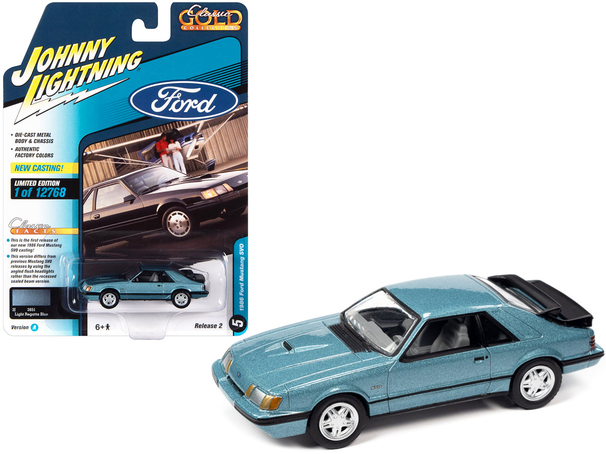 1986 Ford Mustang SVO Light Regatta Blue Metallic Black Stripes 1/64 Diecast