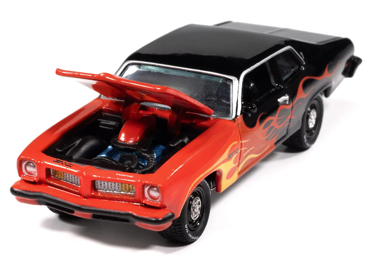1974 Pontiac GTO Black and Red with Flame Graphics Black Flames 1/64 Diecast