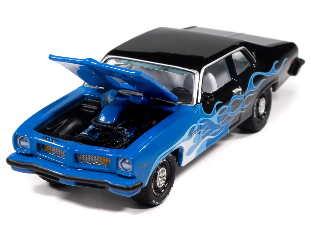 1974 Pontiac GTO Black & Blue Graphics White Interior Black Flames 1/64 Diecast