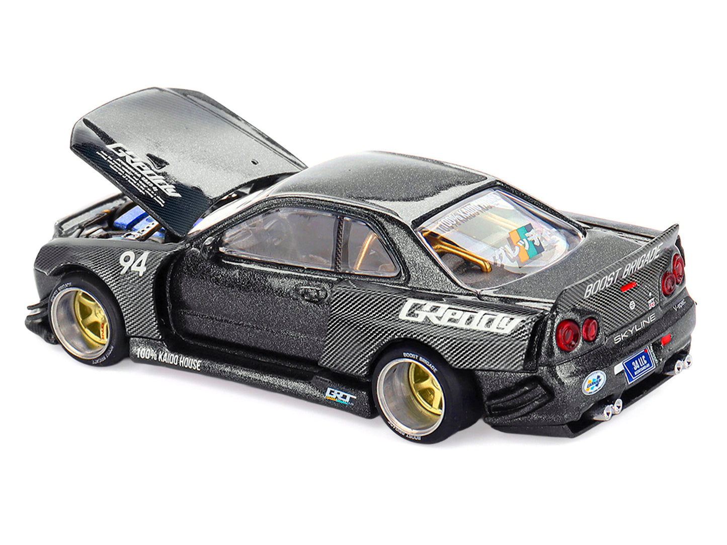Nissan Skyline GT-R (R34) RHD (Right Hand Drive) #94 "Kaido Works GReddy V2" Carbon Fiber and Dark Gray Metallic (Designed by Jun Imai) "Kaido House" Special 1/64 Diecast Model Car by Mini GT