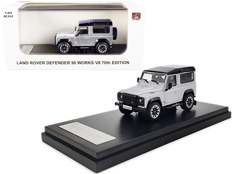 Land Rover Defender 90 Works V8 Silver Black Top 70th Edition 1/64 Diecast