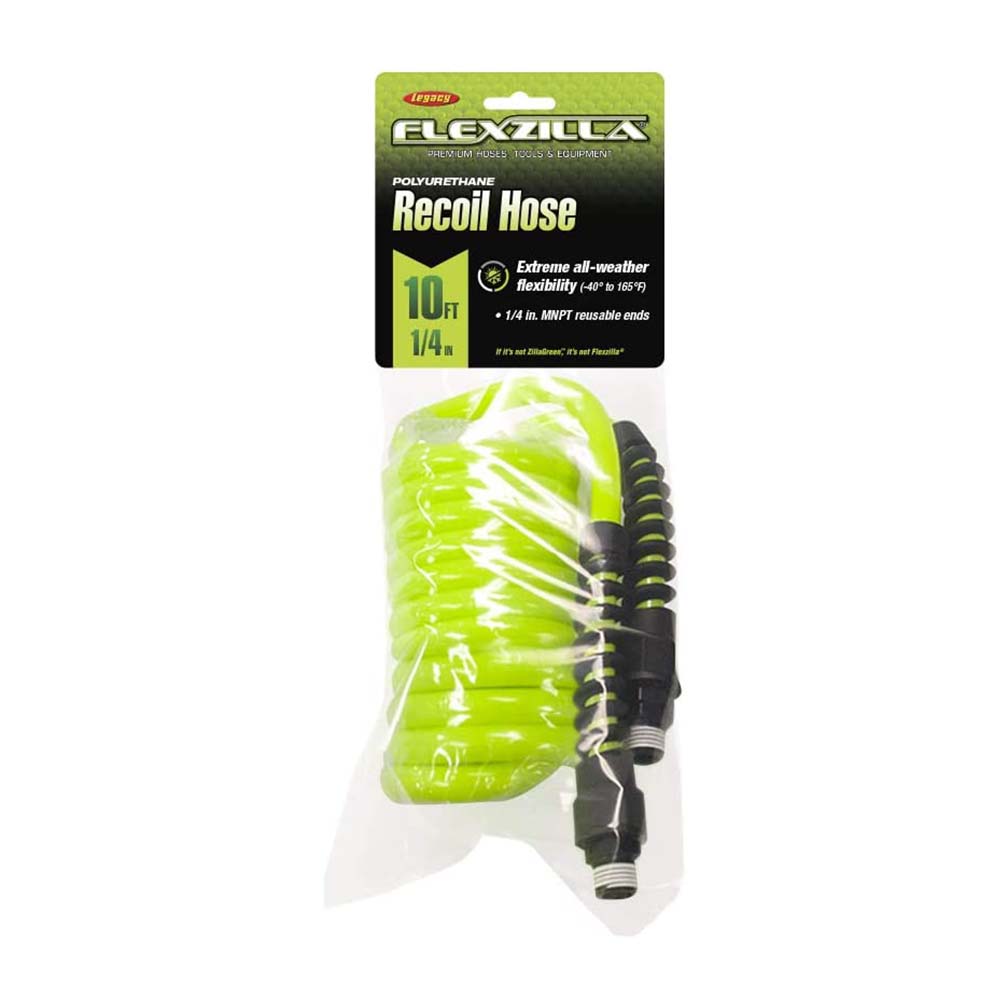 Flexzilla Polyurethane Recoil Hose 1/4in x 10ft w/ 1/4in MNPT Fittings