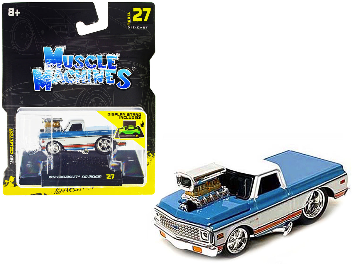 1972 Chevrolet C10 Pickup Truck Blue & White with Stripes 1/64 Diecast