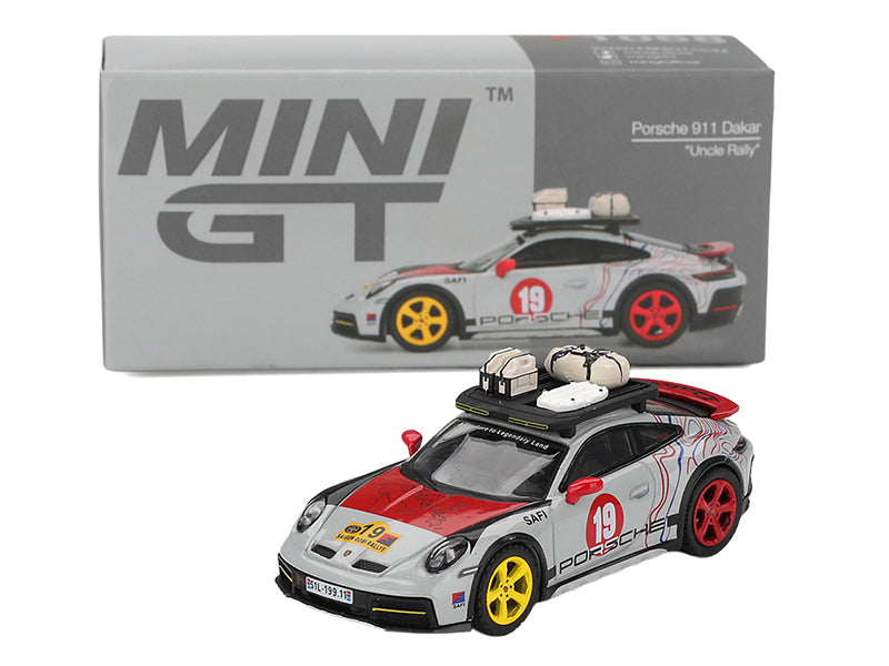 Porsche 911 Dakar #19 "Uncle Rally" Gray with Graphics and Roof Rack Limited Edition 1/64 Diecast Model Car by Mini GT