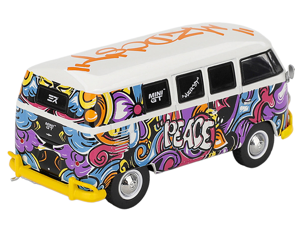 Volkswagen T1 Microbus White Graffiti Graphics 1/64 Diecast Model Car - Mini GT