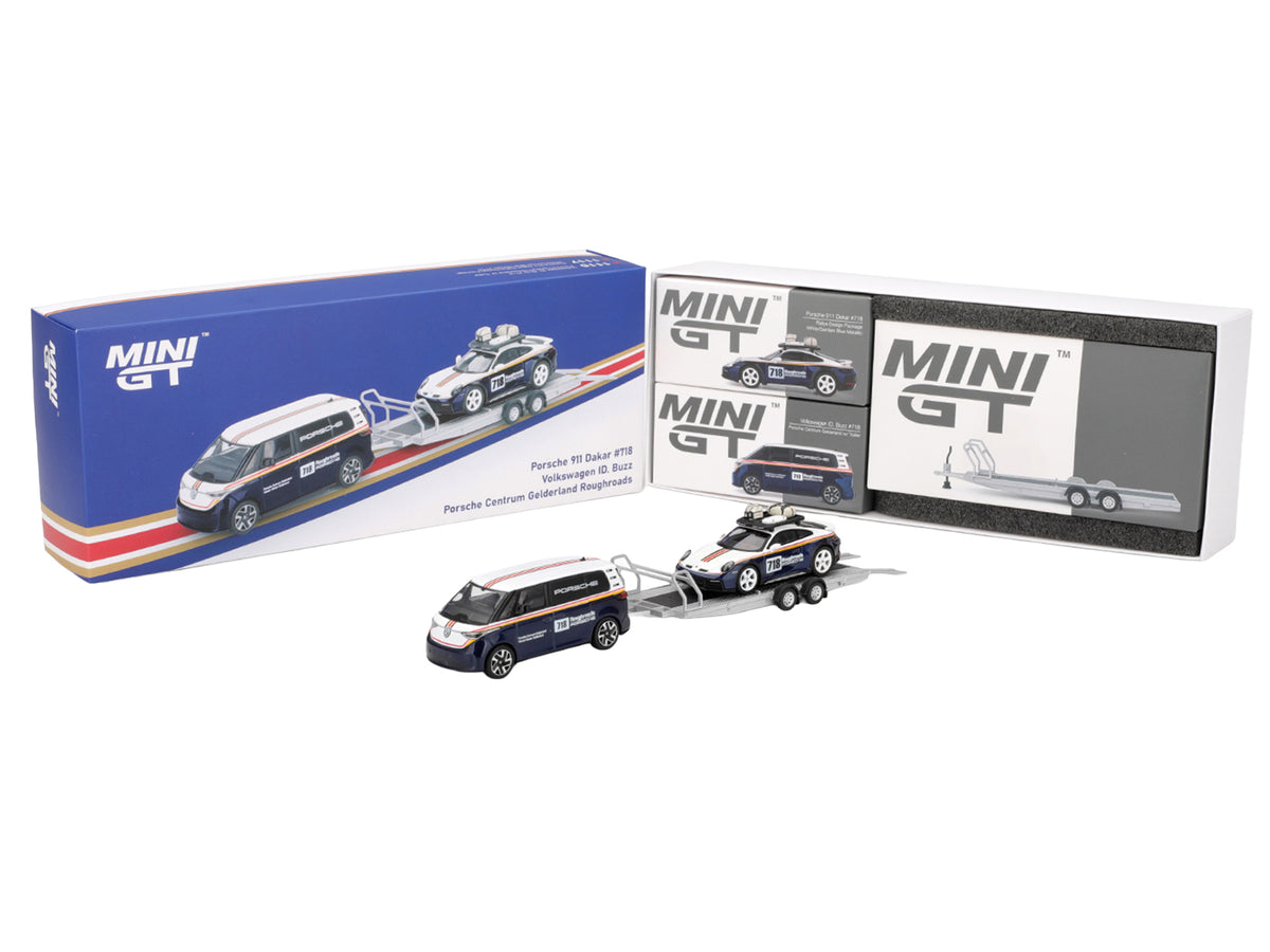 Porsche 911 Dakar #718 Blue White Roof Rack Blue 1/64 Diecast Model - Mini GT