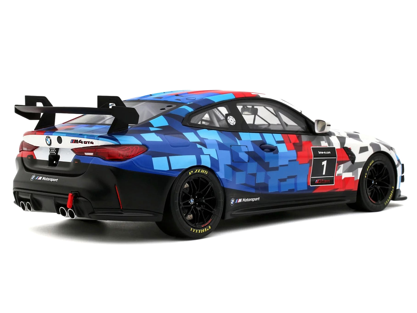 2024 BMW M4 GT4 #1 "M Motorsport Livery" Black and White with Red and Blue Graphics Limited Edition to 999 pieces Worldwide 1/18 Model Car by Otto Mobile