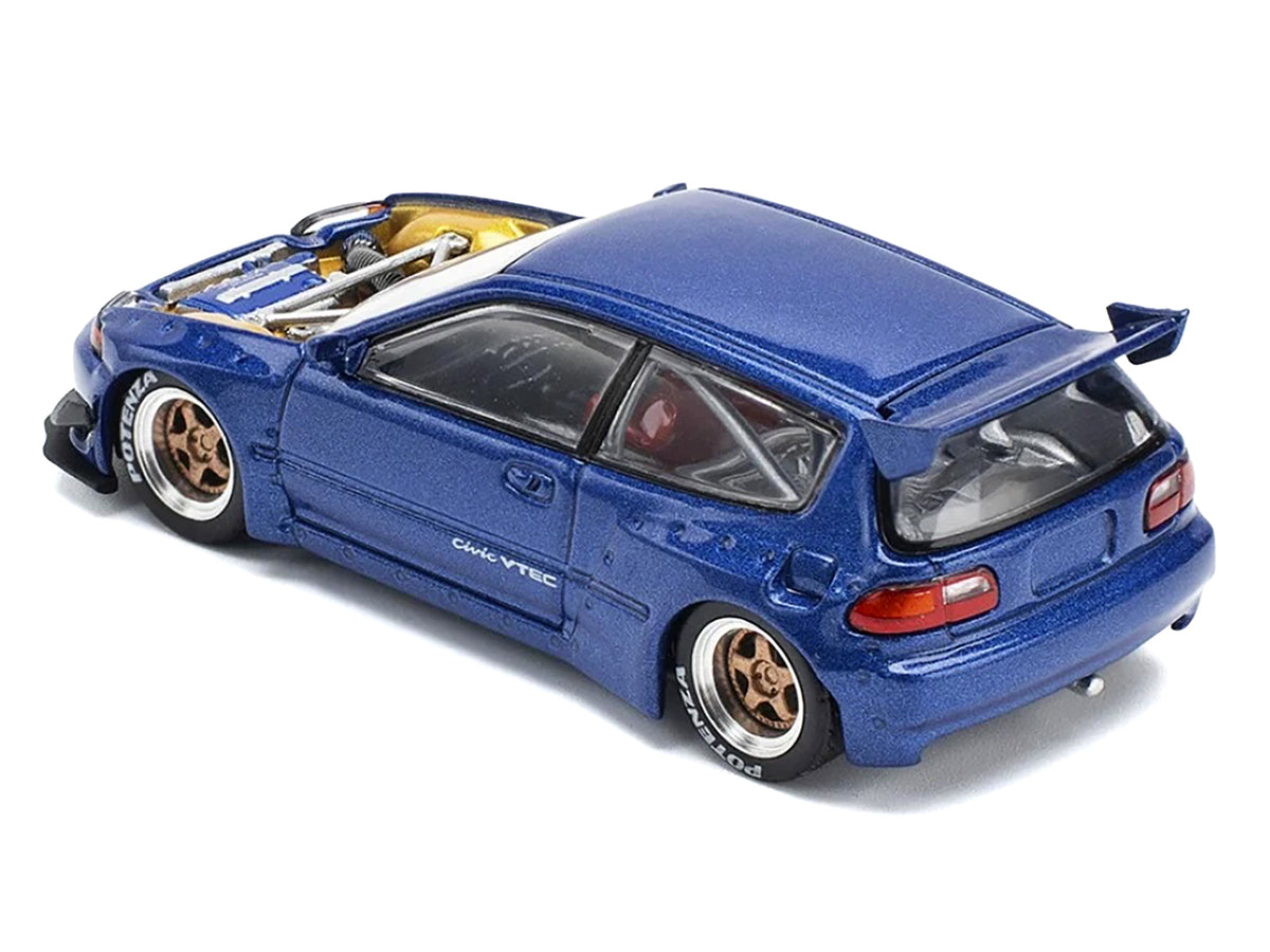 Pandem Civic EG6 VTEC RHD Blue Metallic with No Hood 1/64 Diecast Model Car