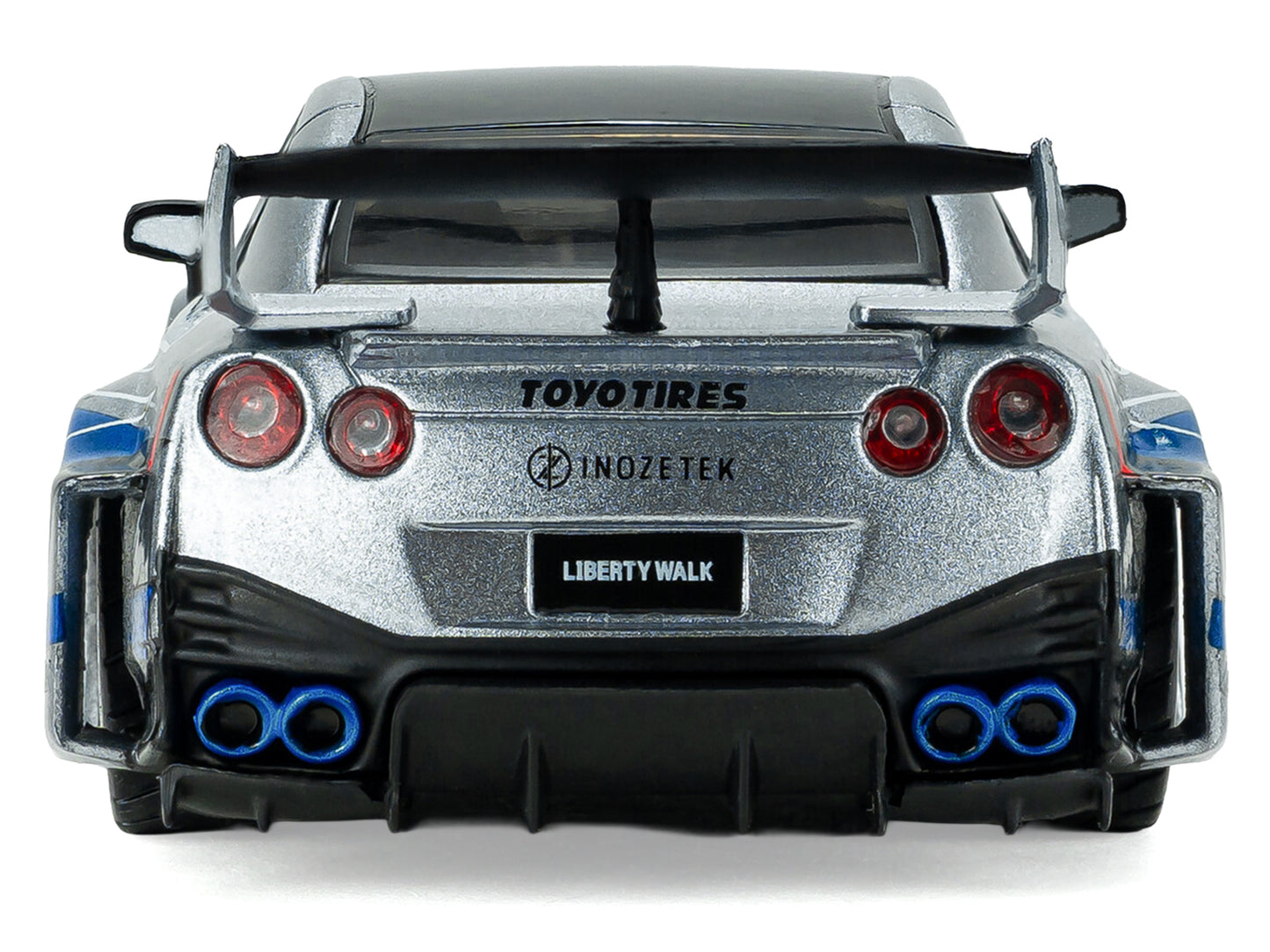 2020 Nissan GT-R (R35) Liberty Walk Silhouette RHD (Right Hand Drive) Silver Metallic with Black Top and Blue Graphics 1/43 Diecast Model Car by Solido