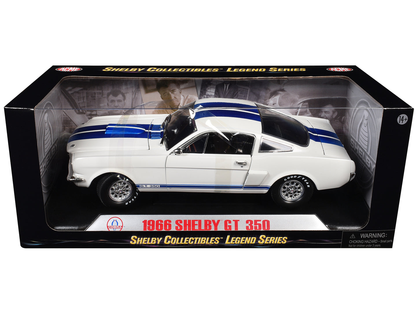 1966 Ford Mustang Shelby GT350 White with Blue Stripes 1/18 Diecast Model Car by Shelby Collectibles