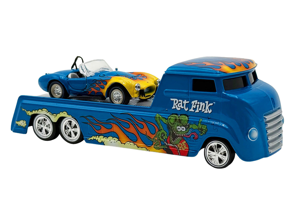 Shelby Cobra Super Snake Flames Custom Rat Fink Hauler Blue Graphics 1/64