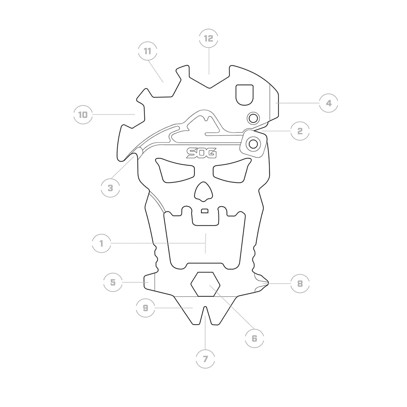 SOG MacV Tool 12 Component Skull Multi-Tool 2.5" Overall