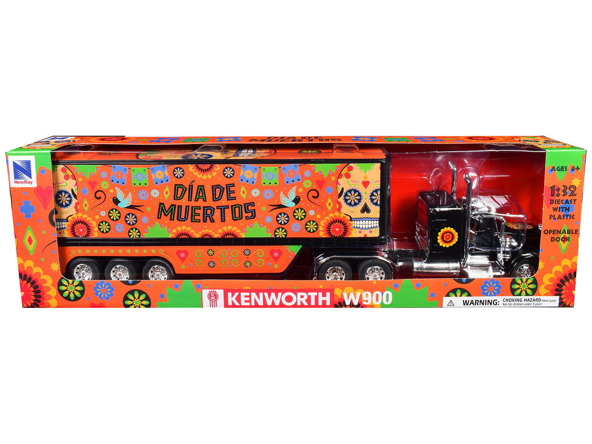 Kenworth W900 Truck Black Graphics Dry Van Trailer 1/32 Diecast Model - New Ray