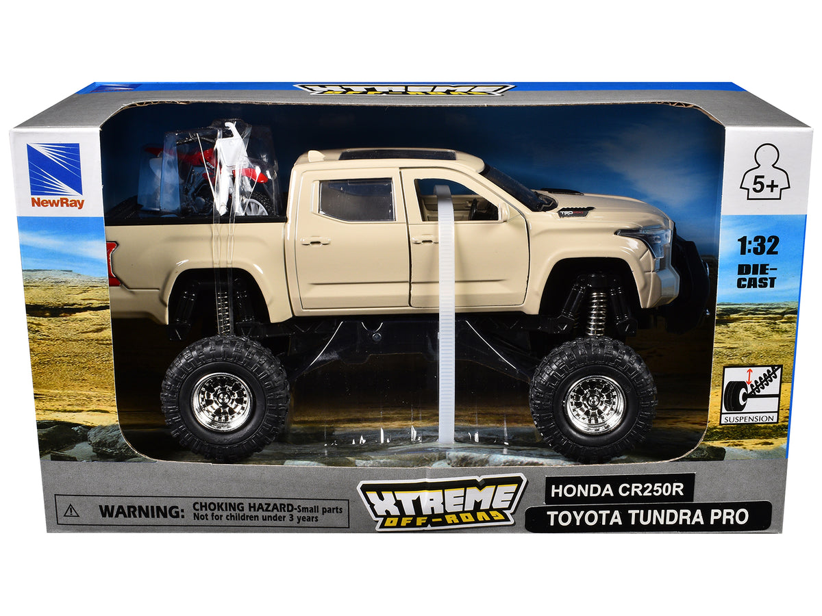 Toyota Tundra Pro Pickup Truck Tan Honda CR250R 1/32 Diecast Model - New Ray