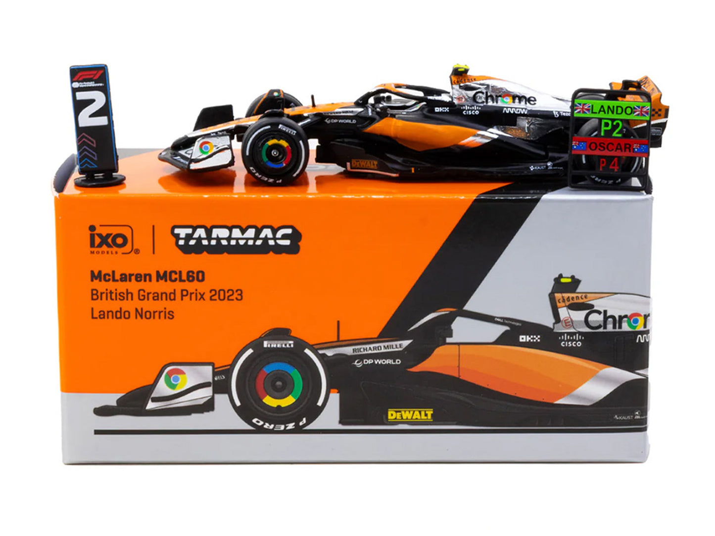 McLaren MCL60 #4 Lando Norris 2nd Place Formula One F1 "British GP" (2023) with Pitboards "Global64" Series 1/64 Diecast Model Car by Tarmac Works