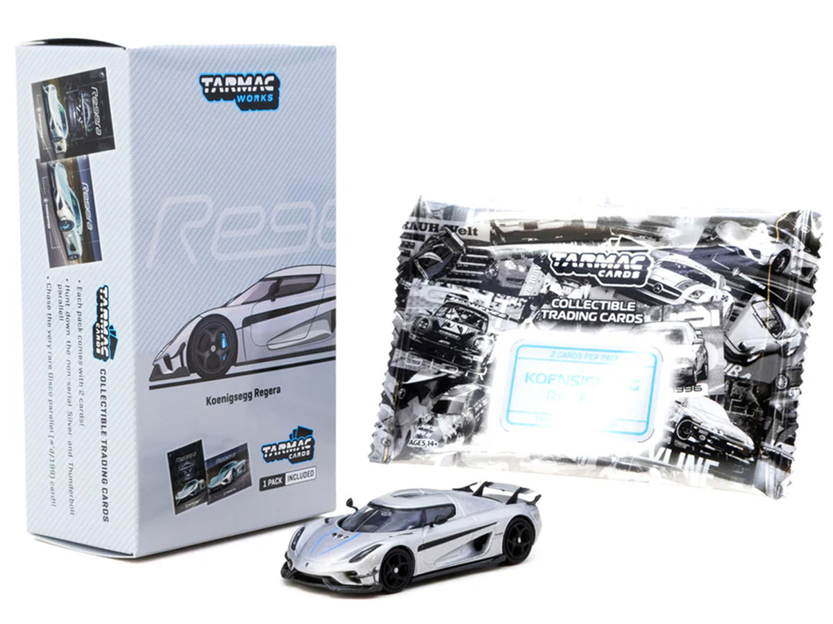 Koenigsegg Regera Silver Metallic with Blue Accents and Collectible Tarmac Cards "Global64" Series 1/64 Diecast Model Car by Tarmac Works