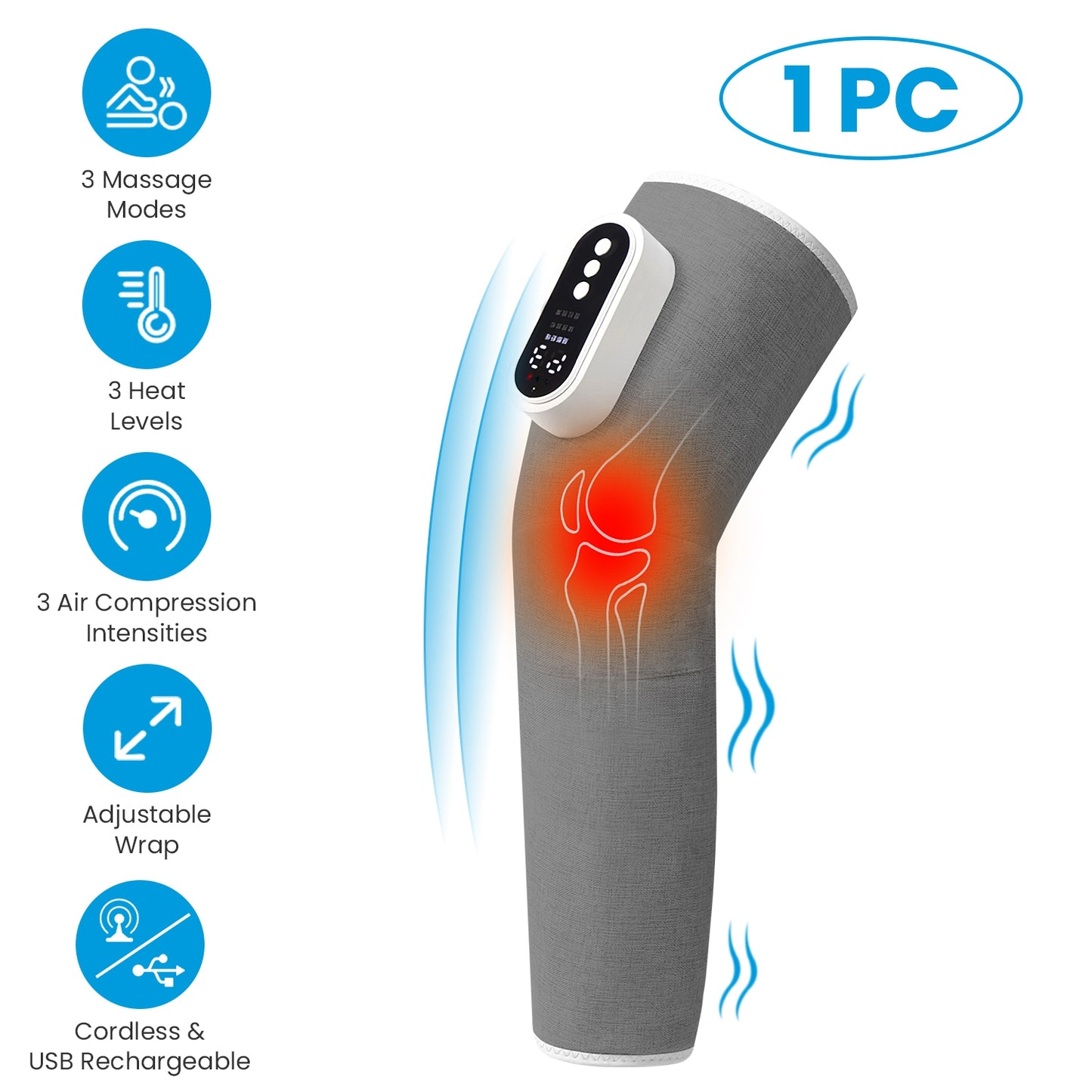 Cordless Leg Massager Air Compression With Heat Thigh Knee Calf 3 Modes Adjusta