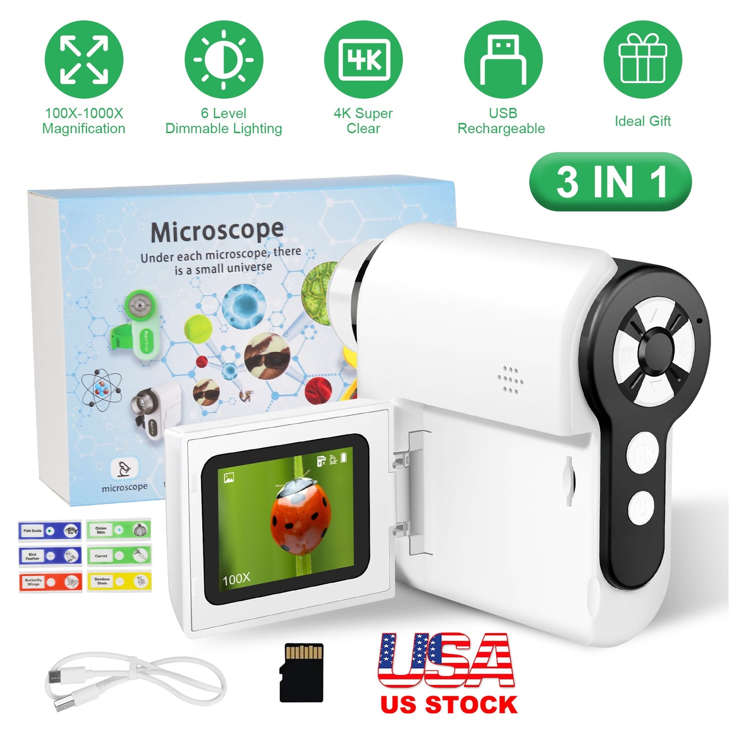 3 In 1 1000X Kids Microscope Telescope Camera Handheld Usb Mini With Led Light
