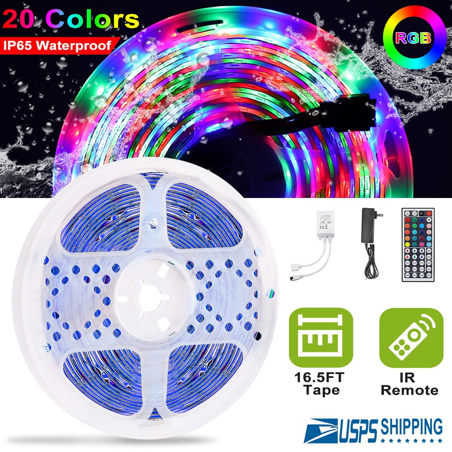 300 Leds Strip Lights 5M/16.5Ft 20 Colors Rgb Led Ip65 Waterproof W/ Remote Hea