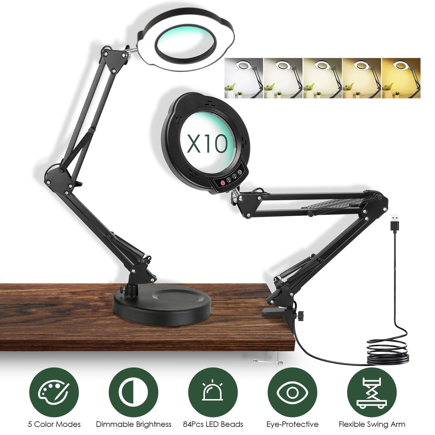 10X Magnifying Glass With Light And Stand Real Lens Desk Lamp Clamp 5 Color Mod