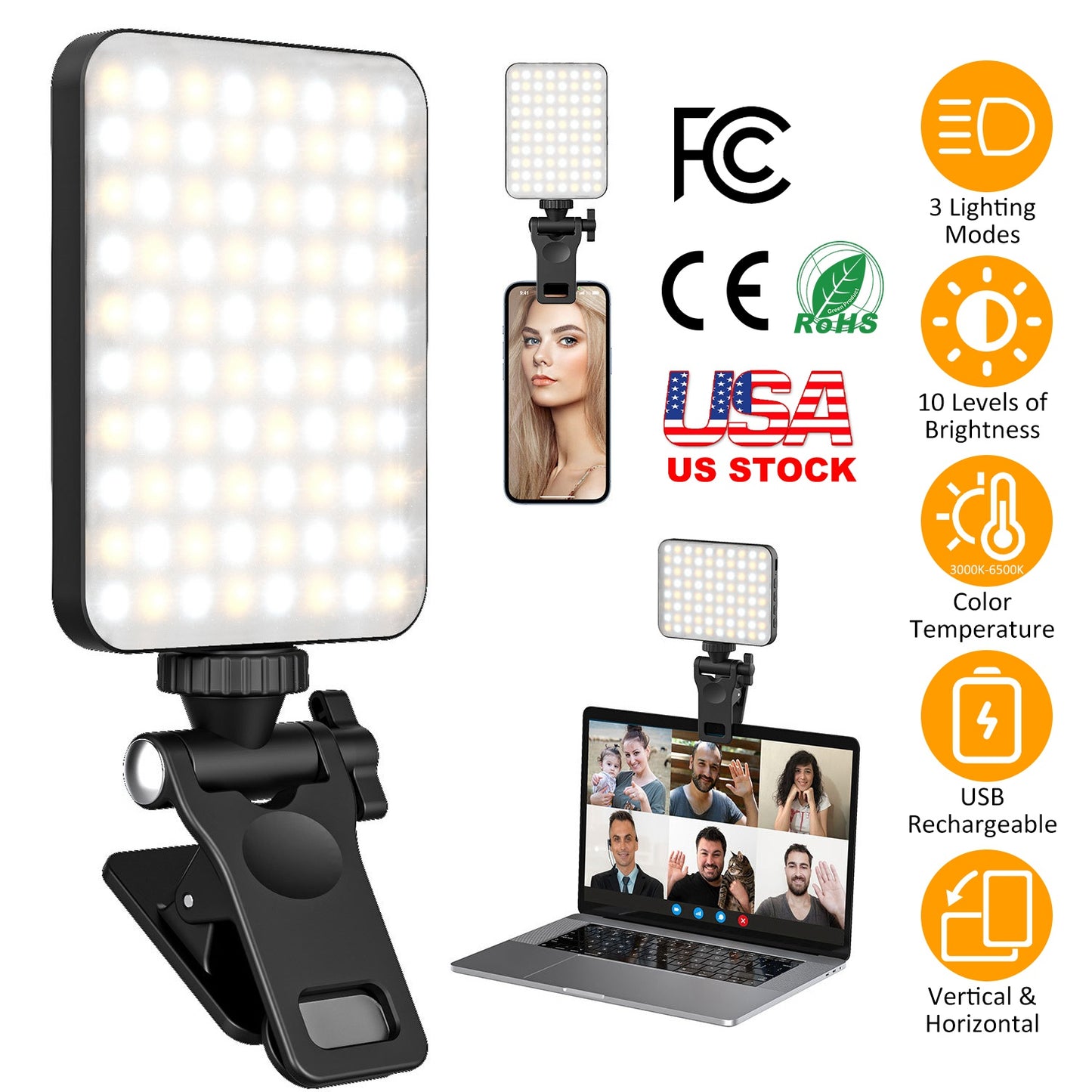 Rechargeable Selfie Light Fill 2000Mah Portable Clip On With 3 Modes 10 Brightn