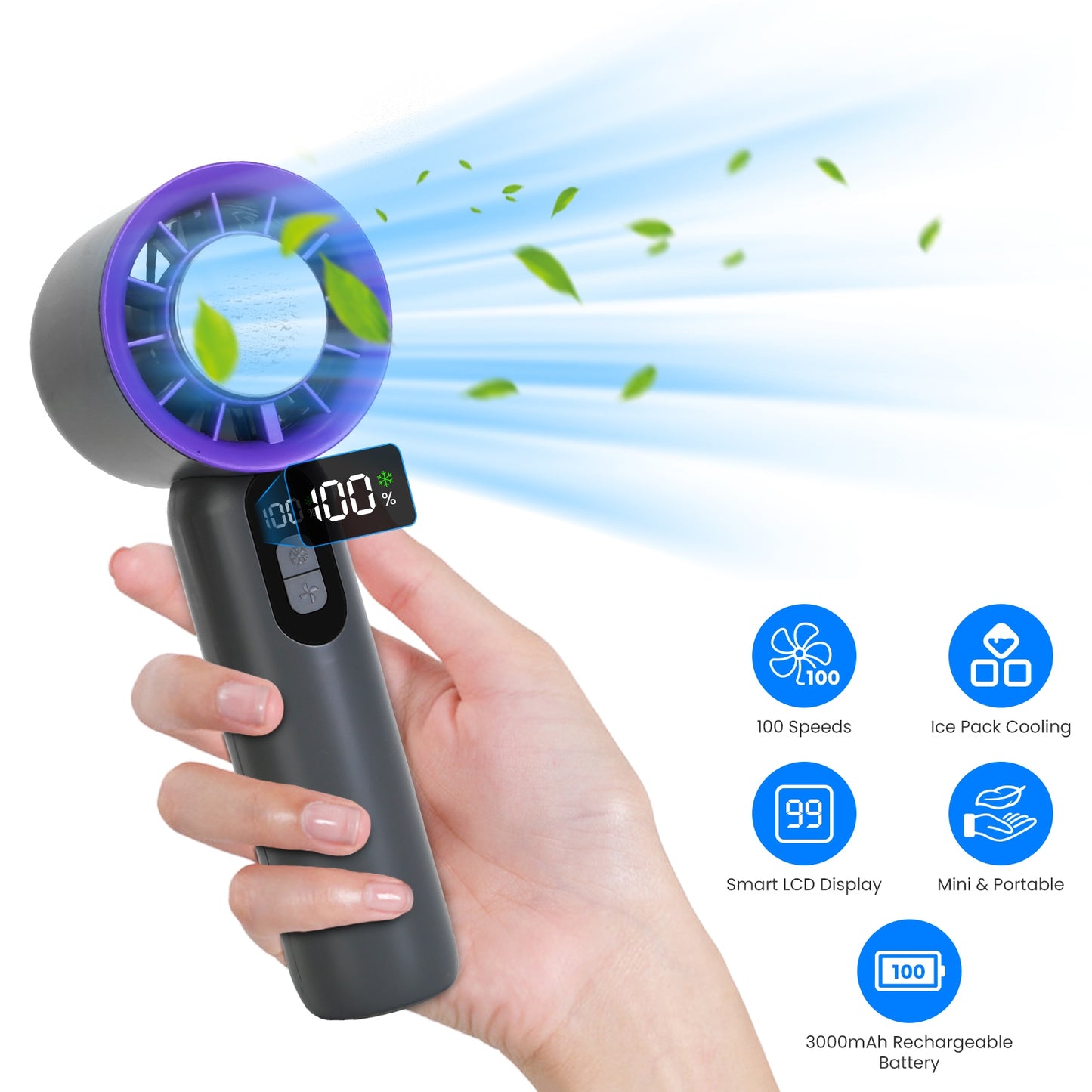 100 Speed Handheld Fan With Ice Cooler High Turbo 3000Mah Rechargeable Hand Lcd