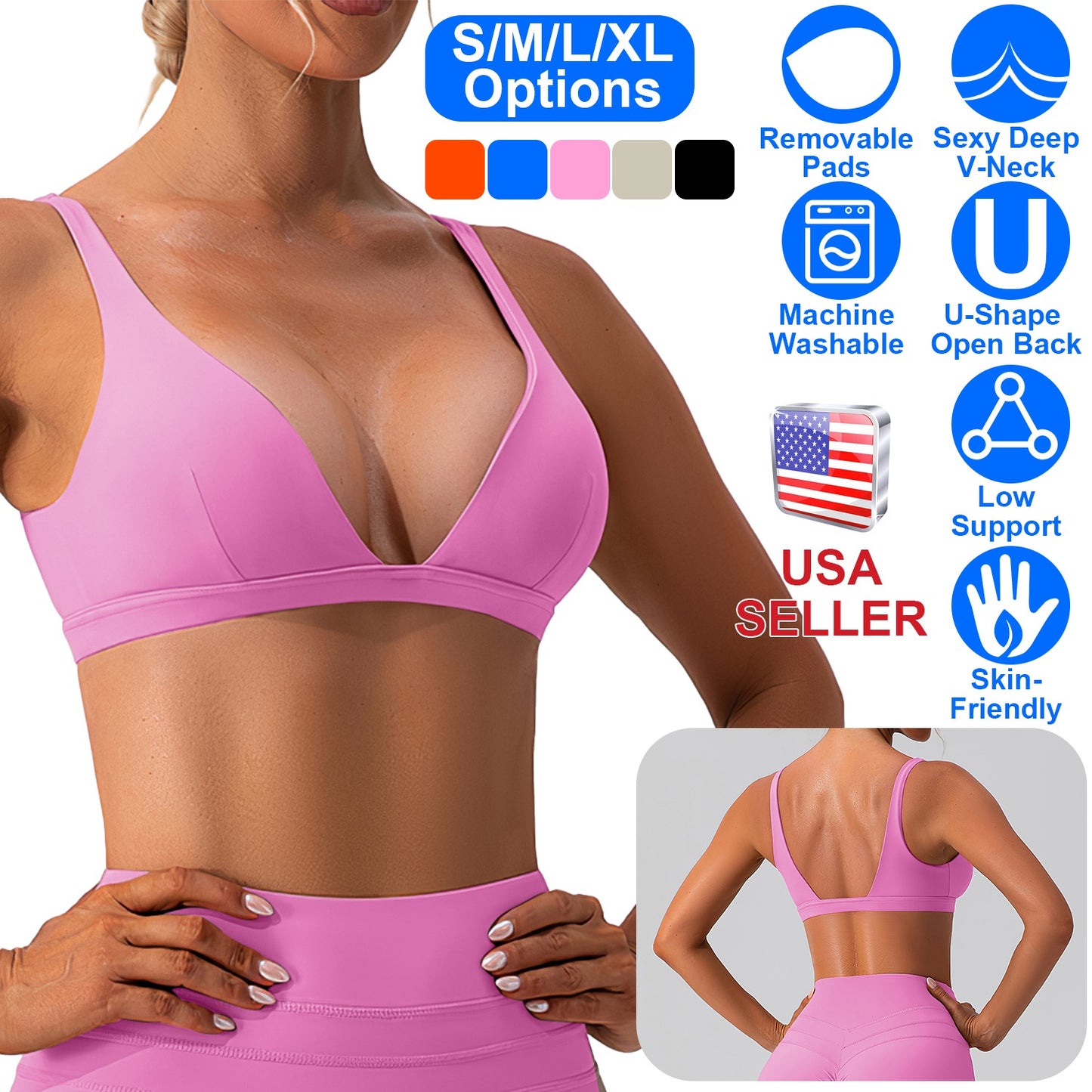 Women Deep V-Neck Sports Bras U-Shaped Back Sport Padded Strappy Crop Open Low