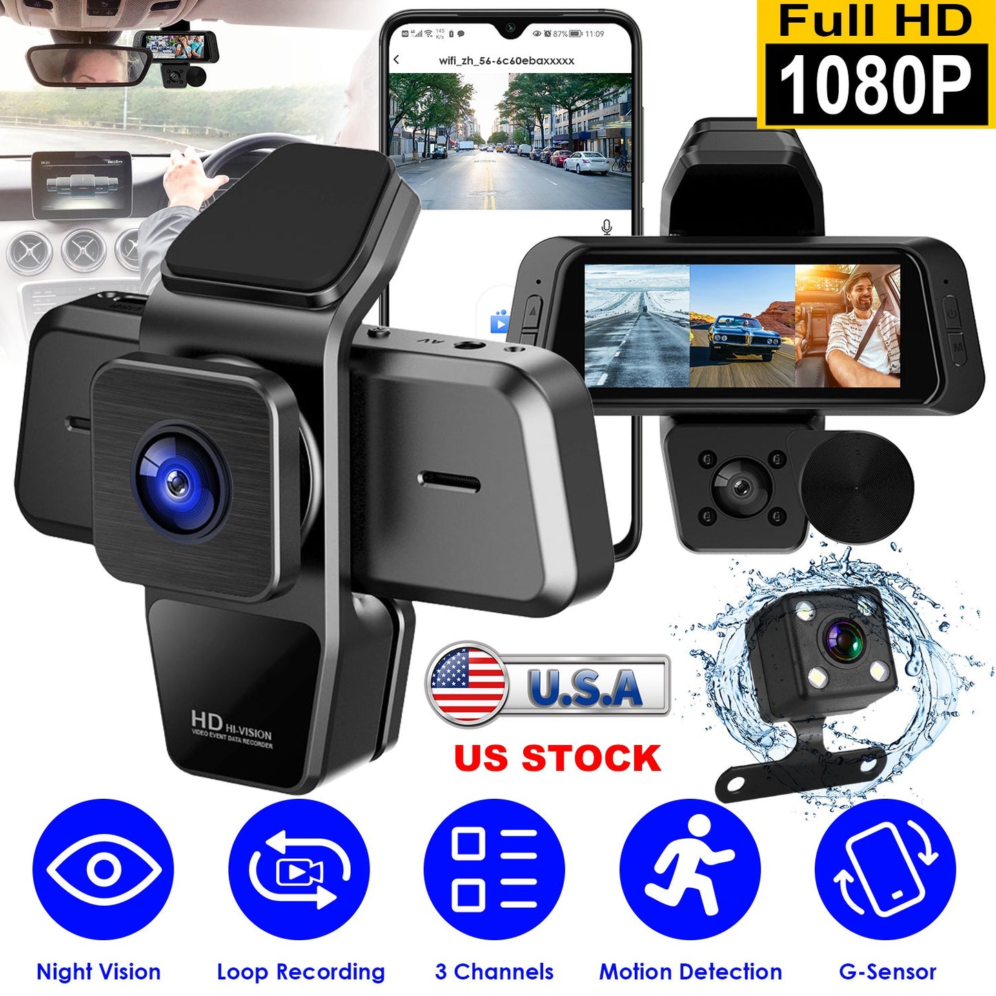 1080P Fhd 3 Channel Wifi Dash Cam 170° Wide Angle Triple Car Camera With Ir Nig